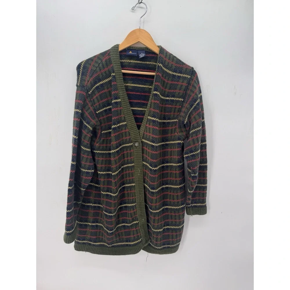 Lizsport Womens M Cardigan Sweater Green Plaid Striped Button Cottagecore Preppy